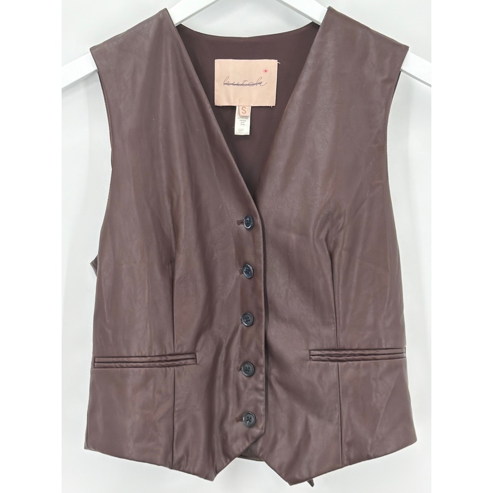 Hutch Faux Leather Vest Brown Button Front Cinch Back Tailored Waistcoat Small